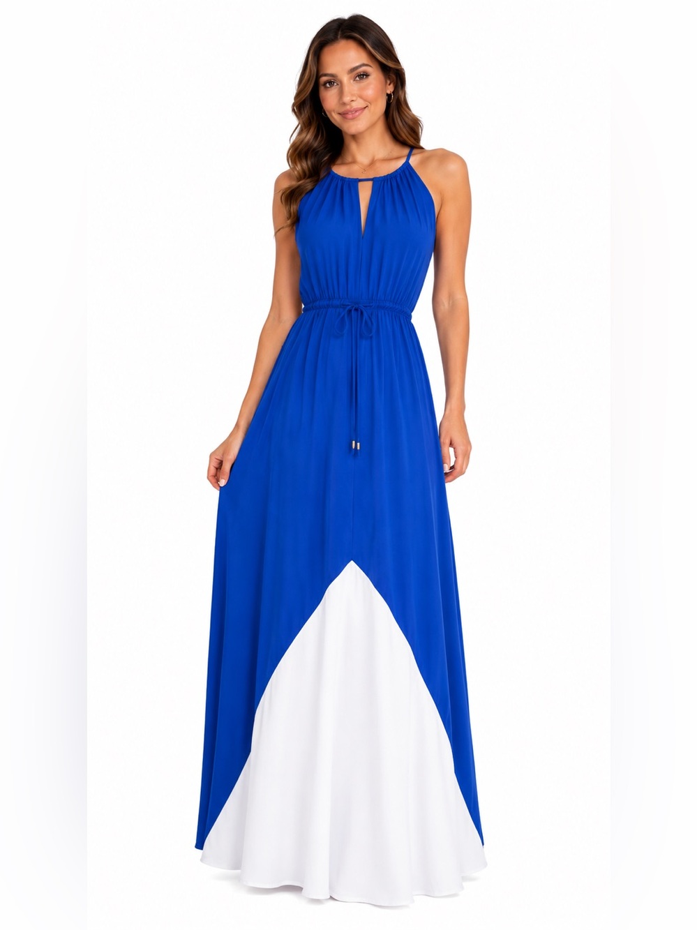 London Style Collection Blue White Colorblock High Low Halter Maxi Dress Medium